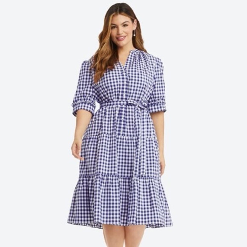 Draper James Loretta Nassau Navy and White Gingham Shirt Dress Size Small